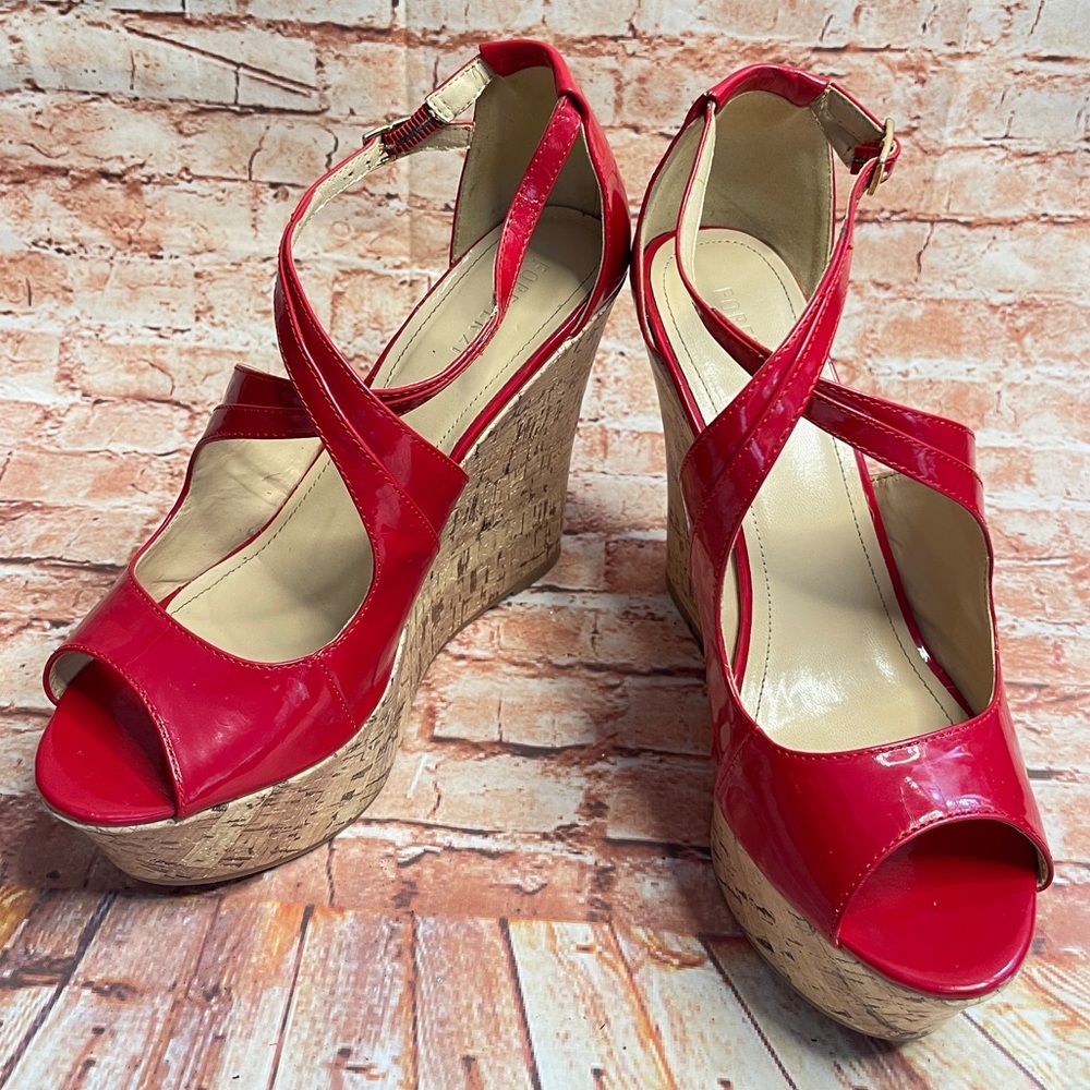 Forever 21 Red Peep Toe Ulta High Patent Leather Wedges with Cork Platform